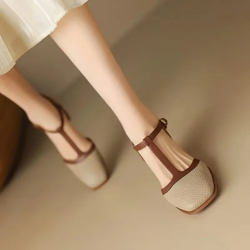 Elegant Perforated Leather T-Strap Sandal for Women with Square Toe Block Heel Buckle Ankle Vintage Style