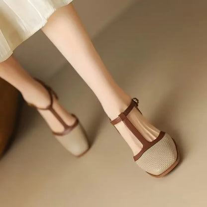 Elegant Perforated Leather T-Strap Sandal for Women with Square Toe Block Heel Buckle Ankle Vintage Style