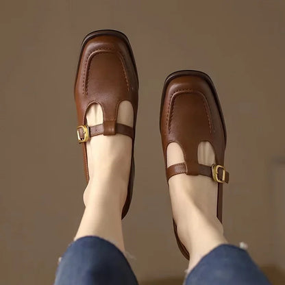 Elegant Leather T-Strap Mary Jane Loafer for Women with Square Toe Block Heel Buckle Strap Vintage Style