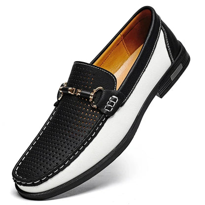 Stylish Perforated Leather Loafer for Women with Horsebit Buckle Slip On Colorblock Casual Style