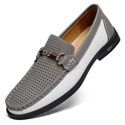 Stylish Perforated Leather Loafer for Women with Horsebit Buckle Slip On Colorblock Casual Style