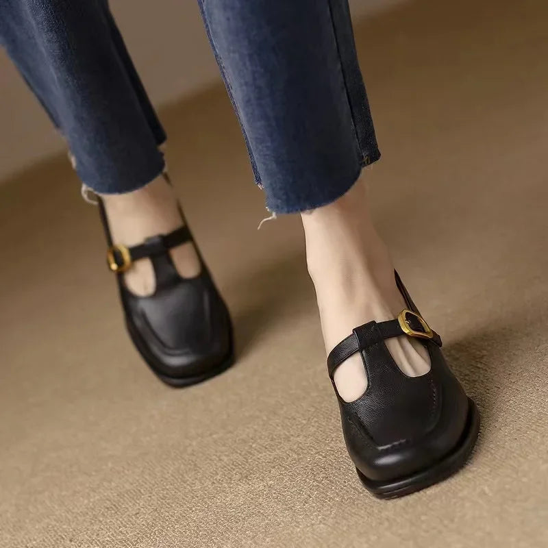 Elegant Leather T-Strap Mary Jane Loafer for Women with Square Toe Block Heel Buckle Strap Vintage Style