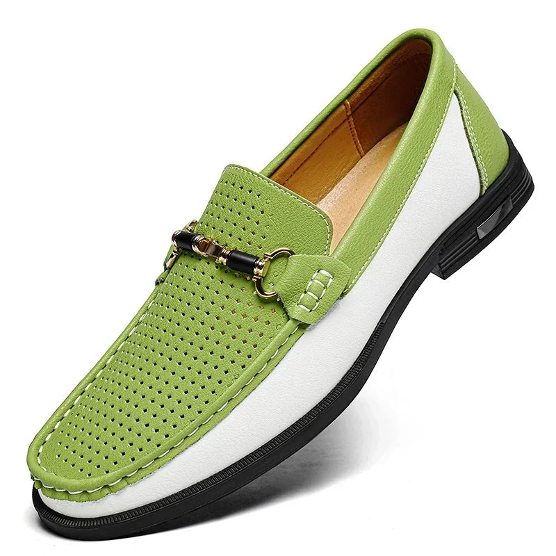 Stylish Perforated Leather Loafer for Women with Horsebit Buckle Slip On Colorblock Casual Style