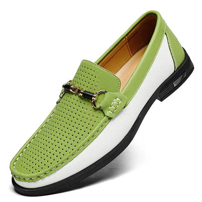 Stylish Perforated Leather Loafer for Women with Horsebit Buckle Slip On Colorblock Casual Style