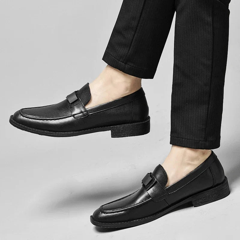 Stylish Leather Loafers for Women with Square Toe Metal Buckle Slip On Casual Style