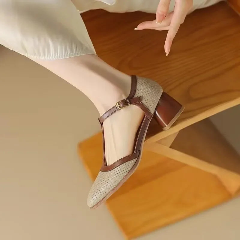 Elegant Perforated Leather T-Strap Sandal for Women with Square Toe Block Heel Buckle Ankle Vintage Style