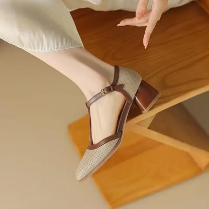 Elegant Perforated Leather T-Strap Sandal for Women with Square Toe Block Heel Buckle Ankle Vintage Style