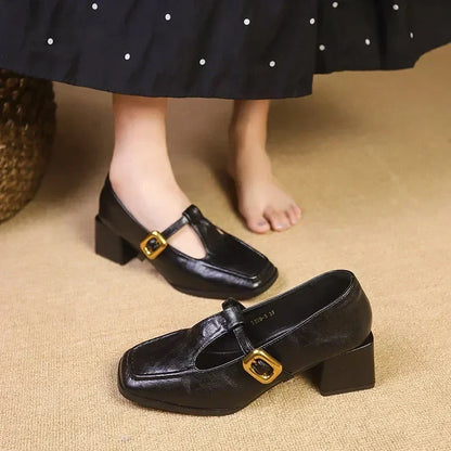 Elegant Leather Mary Jane Pump for Women with Square Toe T Strap Buckle Block Heel Vintage Style