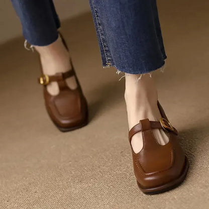 Elegant Leather T-Strap Mary Jane Loafer for Women with Square Toe Block Heel Buckle Strap Vintage Style