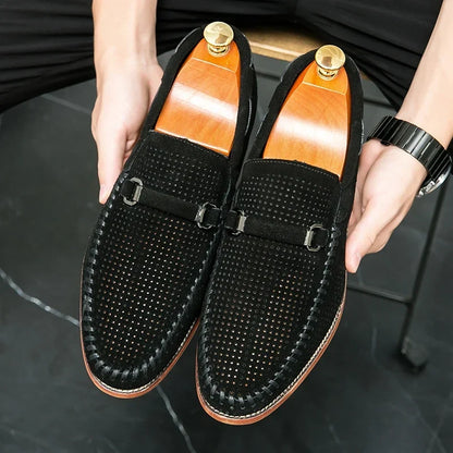 Elegant Suede Loafer for Women with Perforated Horsebit Buckle Hand Stitched Casual Style