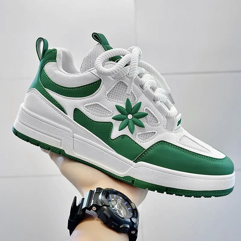 Stylish Mesh Fashion Sneakers for Women with Floral Applique Lace Up Chunky Platform Casual Style