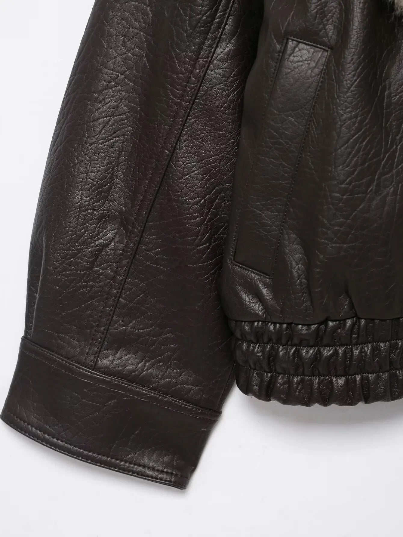 Elegant Faux Leather Bomber Jacket for Women with Fur Collar Long Sleeve Oversized Relaxed Style