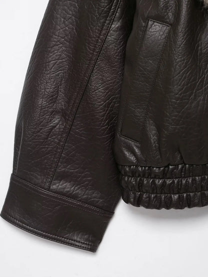 Elegant Faux Leather Bomber Jacket for Women with Fur Collar Long Sleeve Oversized Relaxed Style