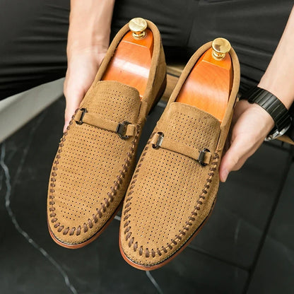 Elegant Suede Loafer for Women with Perforated Horsebit Buckle Hand Stitched Casual Style
