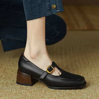 Elegant Leather T-Strap Mary Jane Loafer for Women with Square Toe Block Heel Buckle Strap Vintage Style