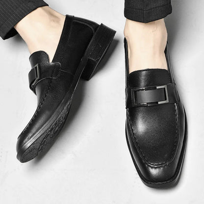 Stylish Leather Loafers for Women with Square Toe Metal Buckle Slip On Casual Style