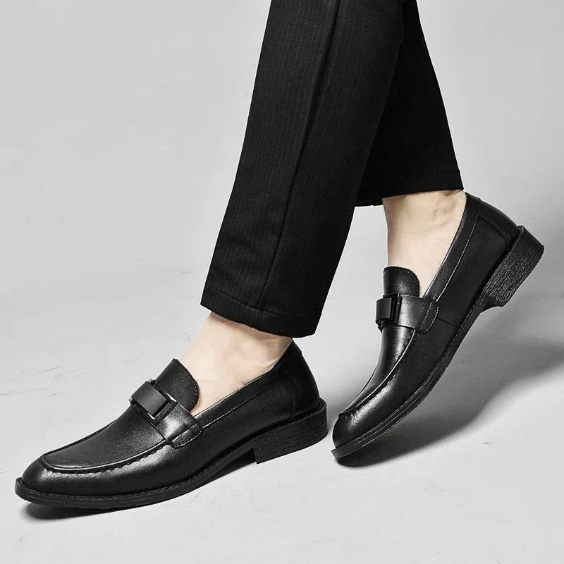 Stylish Leather Loafers for Women with Square Toe Metal Buckle Slip On Casual Style