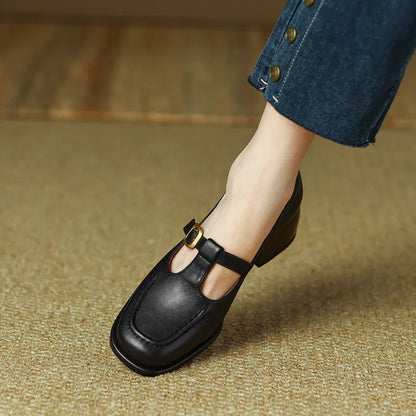 Elegant Leather T-Strap Mary Jane Loafer for Women with Square Toe Block Heel Buckle Strap Vintage Style