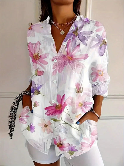 Effortless Floral Print Blouse for Women with Collar Long Sleeve Button Front Relaxed Style