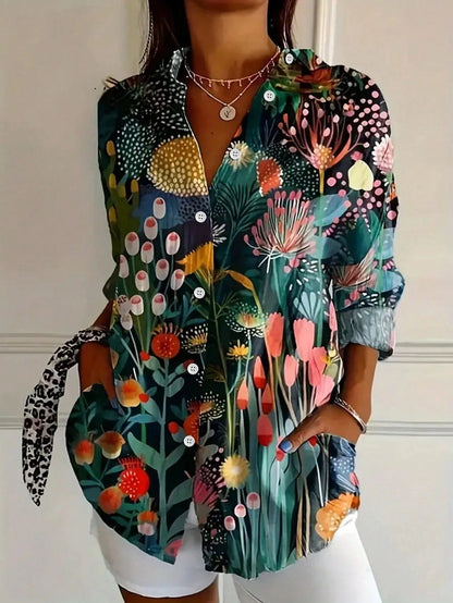 Effortless Floral Print Blouse for Women with Collar Long Sleeve Button Front Relaxed Style