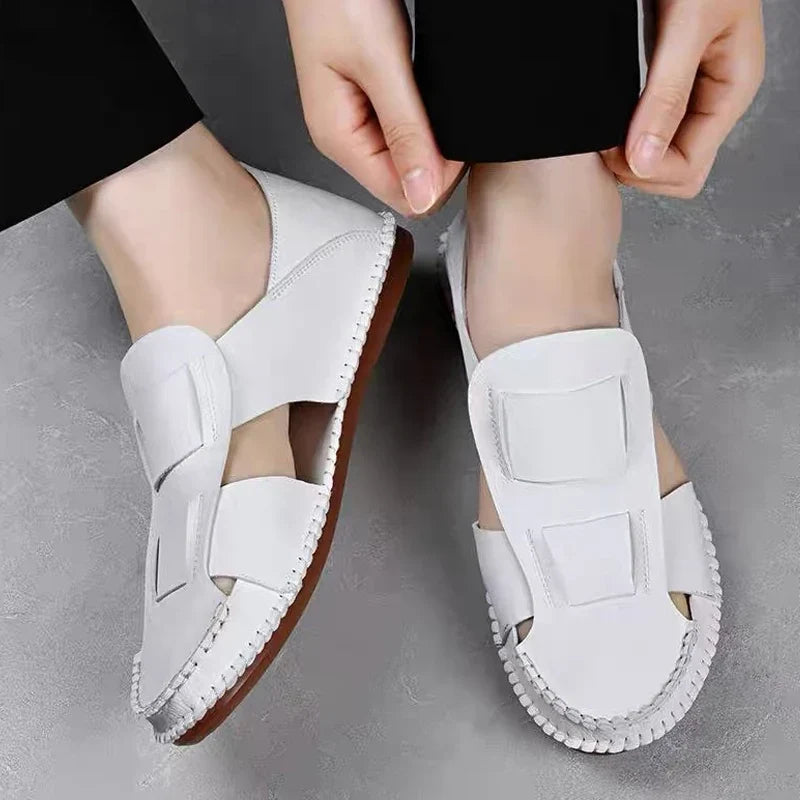 Effortless Leather Hollow Out Loafers for Women with Slip On Round Toe Hand Stitched Casual Style