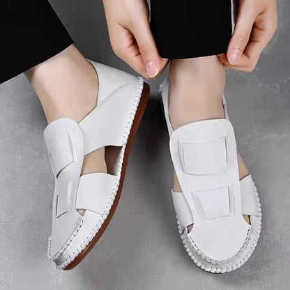 Effortless Leather Hollow Out Loafers for Women with Slip On Round Toe Hand Stitched Casual Style