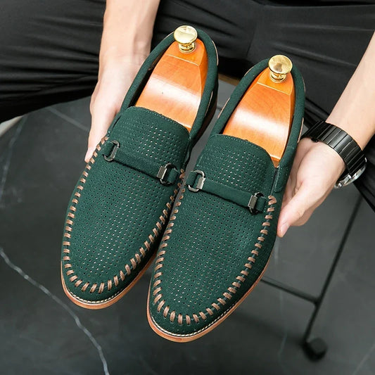 Elegant Suede Loafer for Women with Perforated Horsebit Buckle Hand Stitched Casual Style