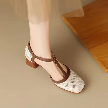 Elegant Perforated Leather T-Strap Sandal for Women with Square Toe Block Heel Buckle Ankle Vintage Style