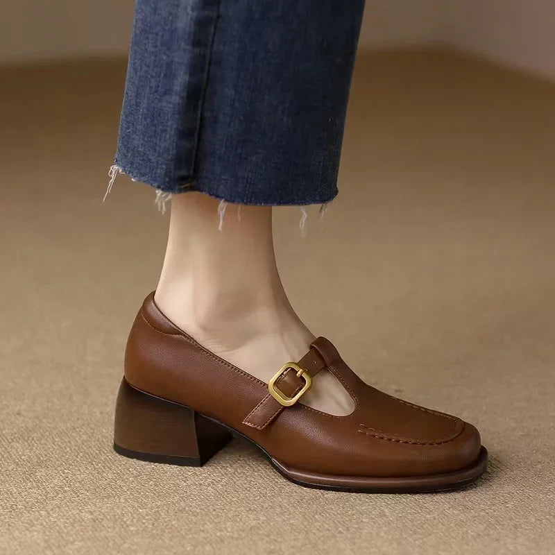 Elegant Leather T-Strap Mary Jane Loafer for Women with Square Toe Block Heel Buckle Strap Vintage Style