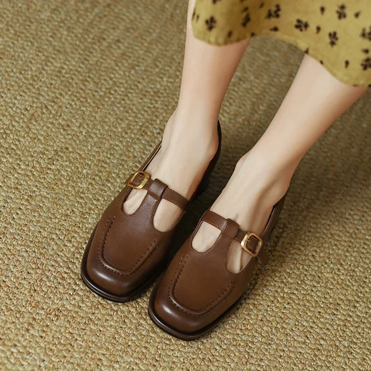 Elegant Leather T-Strap Mary Jane Loafer for Women with Square Toe Block Heel Buckle Strap Vintage Style