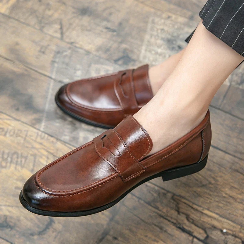 Stylish Leather Penny Loafers for Women with Saddle Strap Slip On Stacked Heel Casual Style