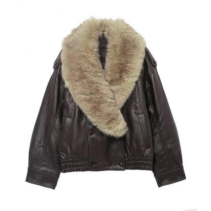 Elegant Faux Leather Bomber Jacket for Women with Fur Collar Long Sleeve Oversized Relaxed Style