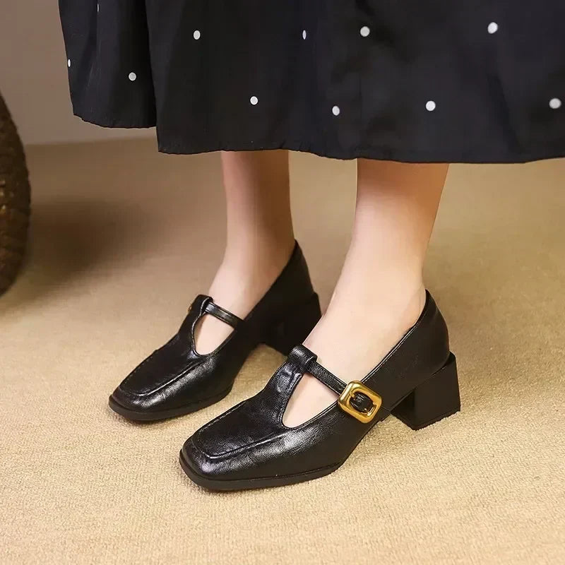 Elegant Leather Mary Jane Pump for Women with Square Toe T Strap Buckle Block Heel Vintage Style