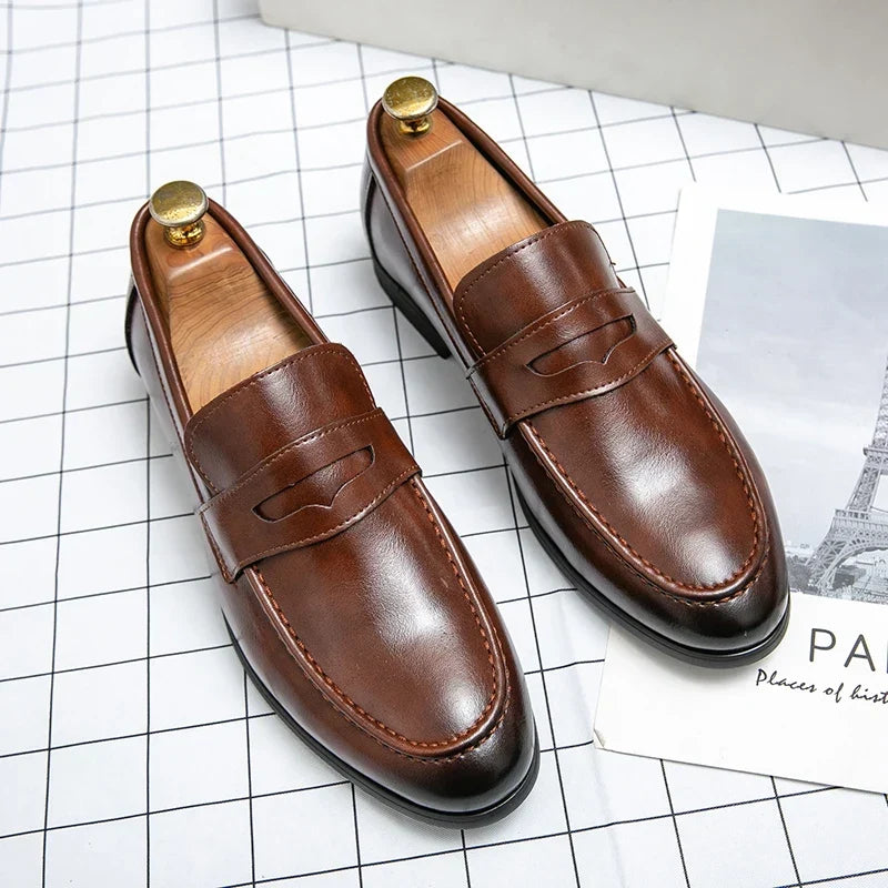 Stylish Leather Penny Loafers for Women with Saddle Strap Slip On Stacked Heel Casual Style