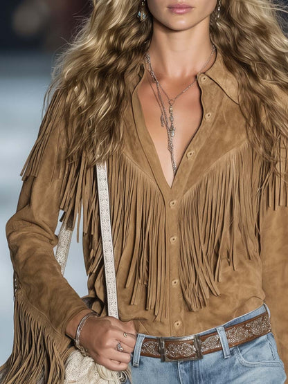 Elegant Light Brown Suede Fringe Blouse for Women with Collar Long Sleeve Button Front Western Style