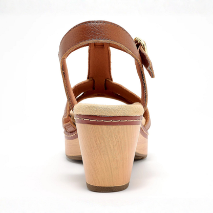 Comfortable Wedge Sandals for Women with T Strap Buckle Ankle Closure Leather Look Open Toe Style