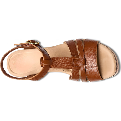 Comfortable Wedge Sandals for Women with T Strap Buckle Ankle Closure Leather Look Open Toe Style
