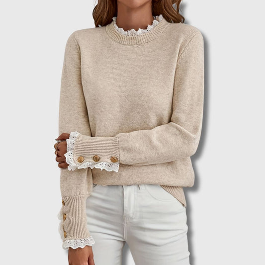 Comfortable Apricot Knit Sweater for Women with Mock Neck Long Sleeve Lace Trim Button Cuff Relaxed Style