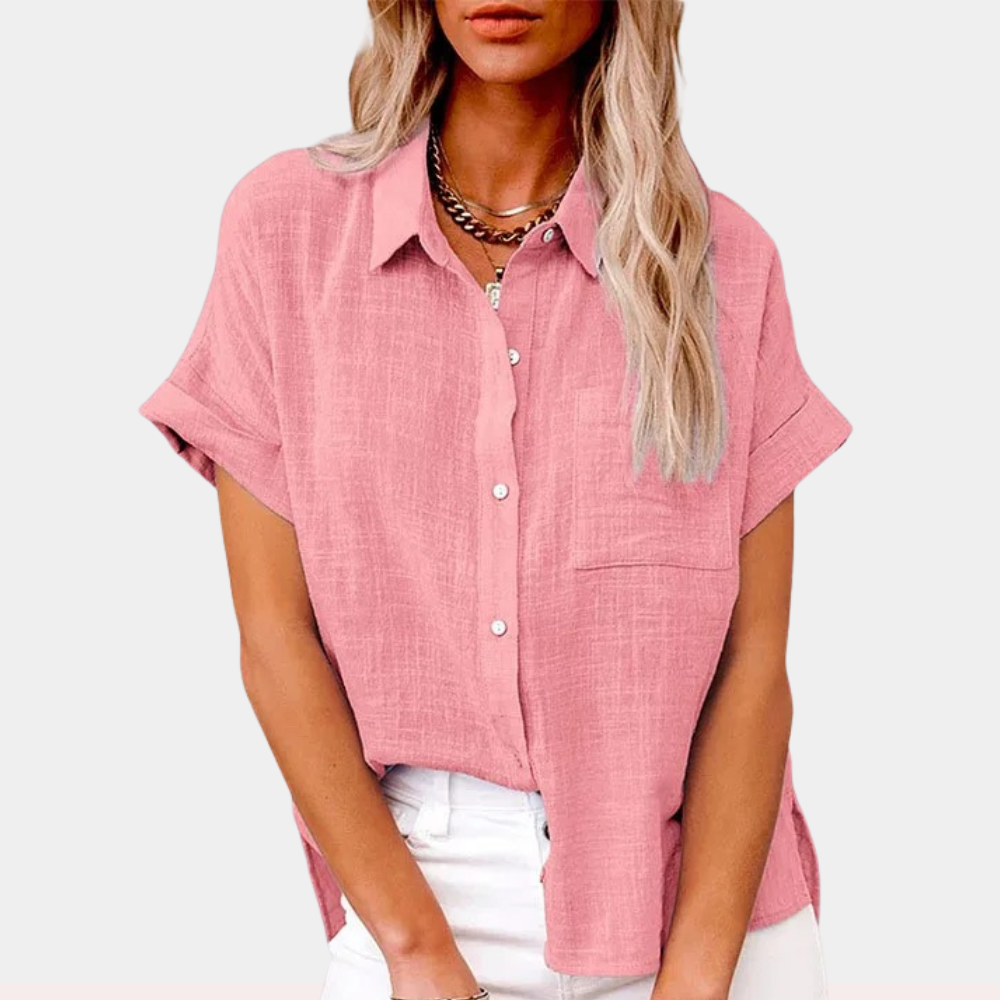 Effortless Linen Blouse for Women with Collar Short Sleeve Button Front High Low Casual Style