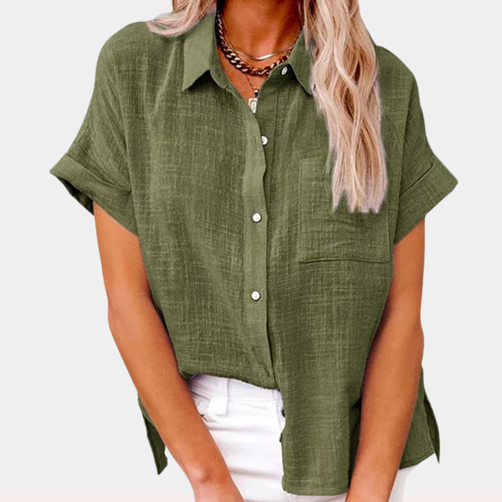 Effortless Linen Blouse for Women with Collar Short Sleeve Button Front High Low Casual Style