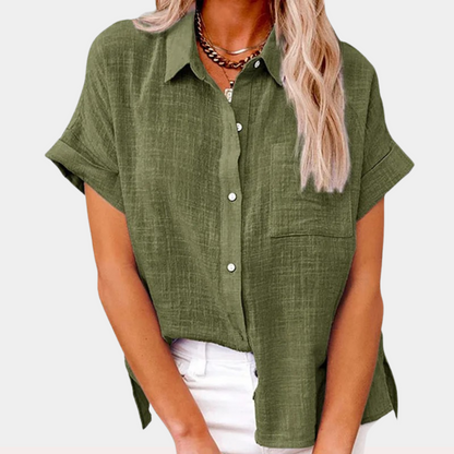 Effortless Linen Blouse for Women with Collar Short Sleeve Button Front High Low Casual Style