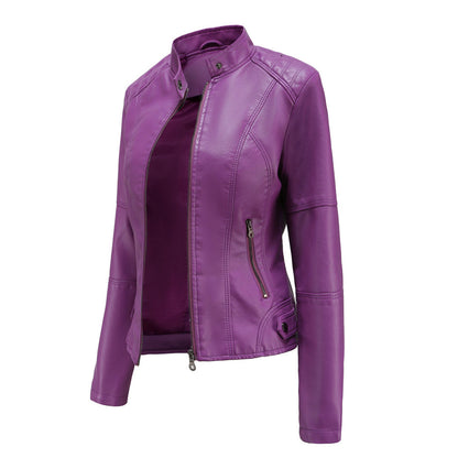 Elegant Faux Leather Moto Jacket for Women with Stand Collar Long Sleeve Quilted Shoulder Casual Style