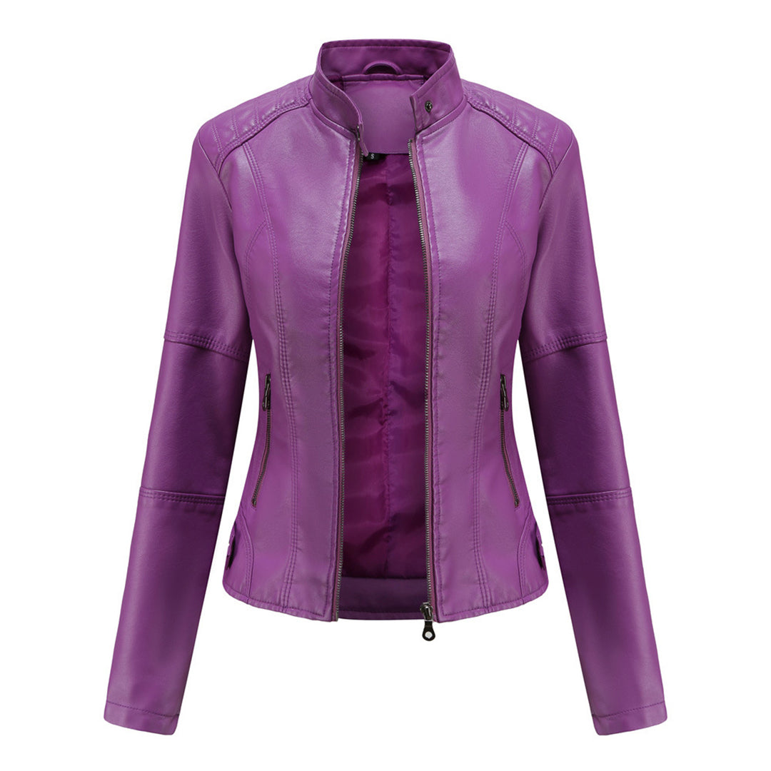 Elegant Faux Leather Moto Jacket for Women with Stand Collar Long Sleeve Quilted Shoulder Casual Style