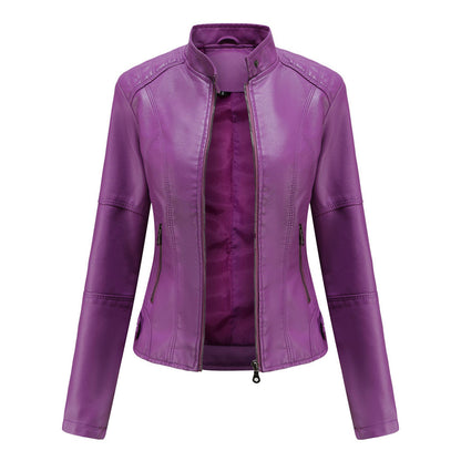 Elegant Faux Leather Moto Jacket for Women with Stand Collar Long Sleeve Quilted Shoulder Casual Style