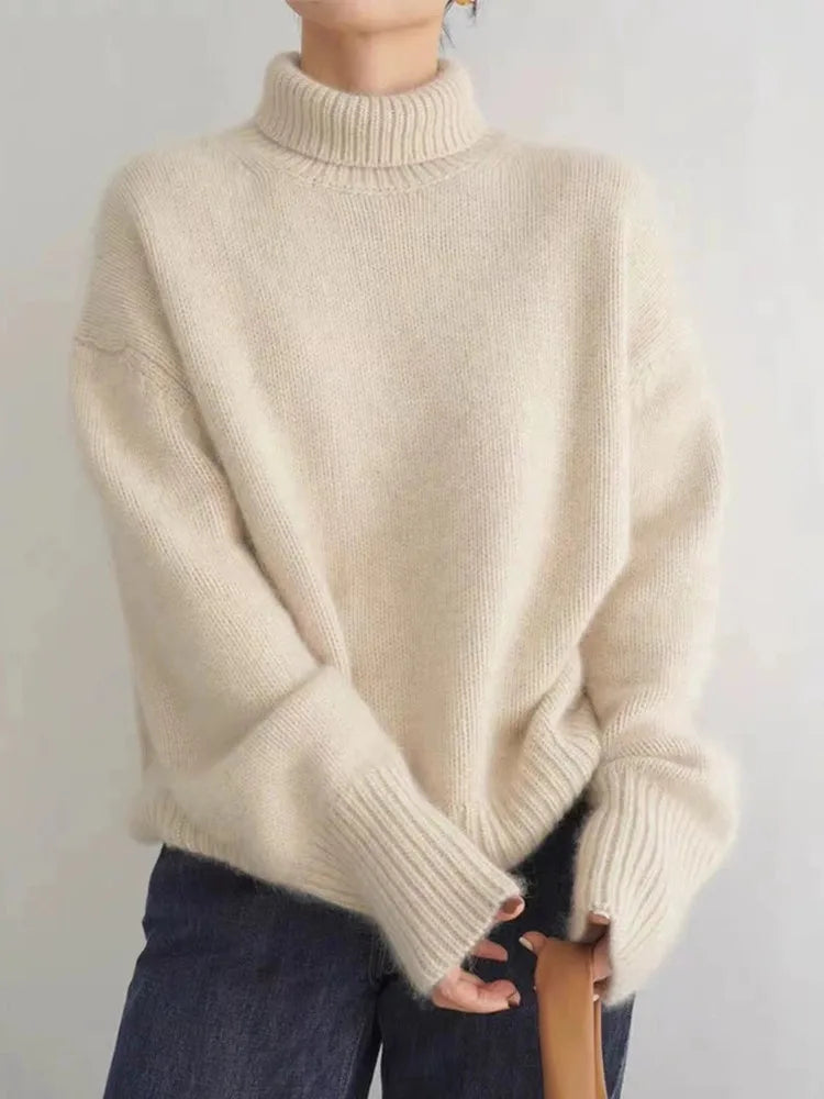 Comfortable Turtleneck Sweater for Women with High Neck Long Sleeve Relaxed Oversized Knit Style