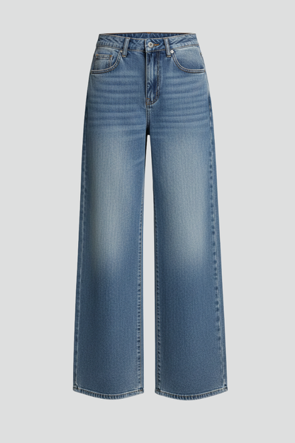 Stylish Blue Jeans for Women with Mid Rise Relaxed Wide Leg Five Pocket Casual Jean Style