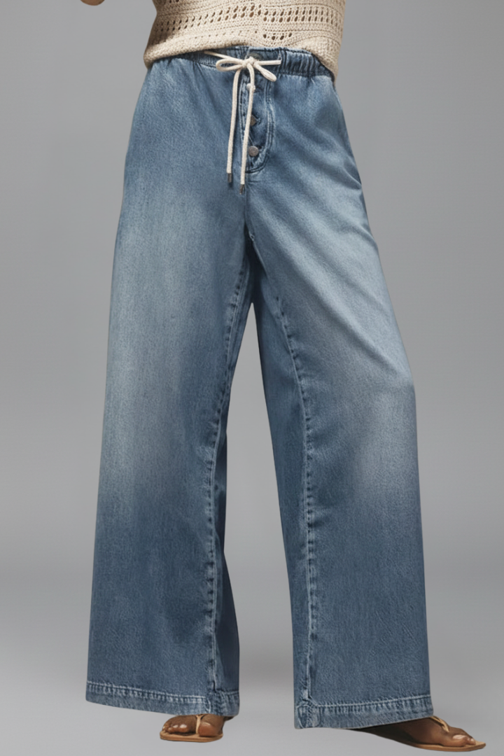 Effortless Light Blue Jeans for Women with Elastic Drawstring Waist Relaxed Wide Leg Casual Jean Style