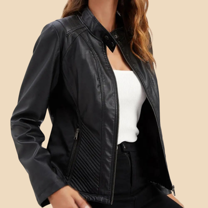 Elegant Faux Leather Moto Jacket for Women with Stand Collar Long Sleeve Quilted Zip Front Style