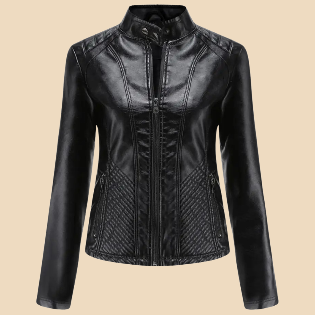 Elegant Faux Leather Moto Jacket for Women with Stand Collar Long Sleeve Quilted Zip Front Style