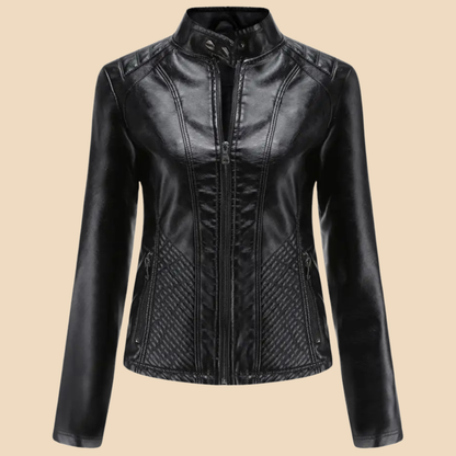 Elegant Faux Leather Moto Jacket for Women with Stand Collar Long Sleeve Quilted Zip Front Style